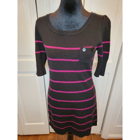 Takeout Dresses & Skirts - Y2K Black/Fuchsia Pink Striped Mini Fitted Sweater Dress Buttons L  2000s Preppy